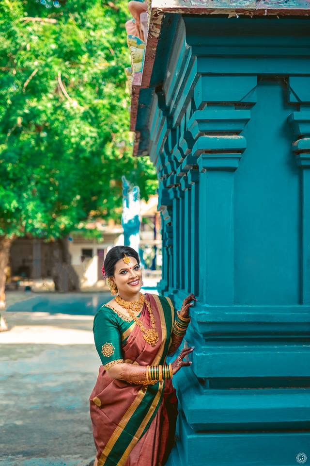 Dark peach with green silksaree 