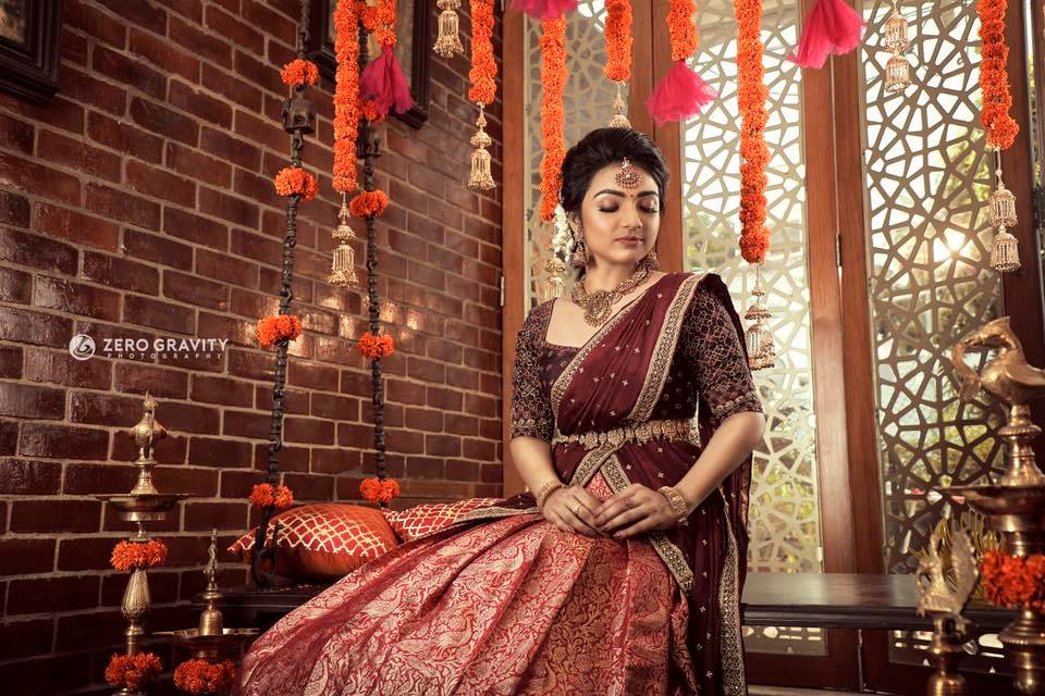 Maroon with orange half saree