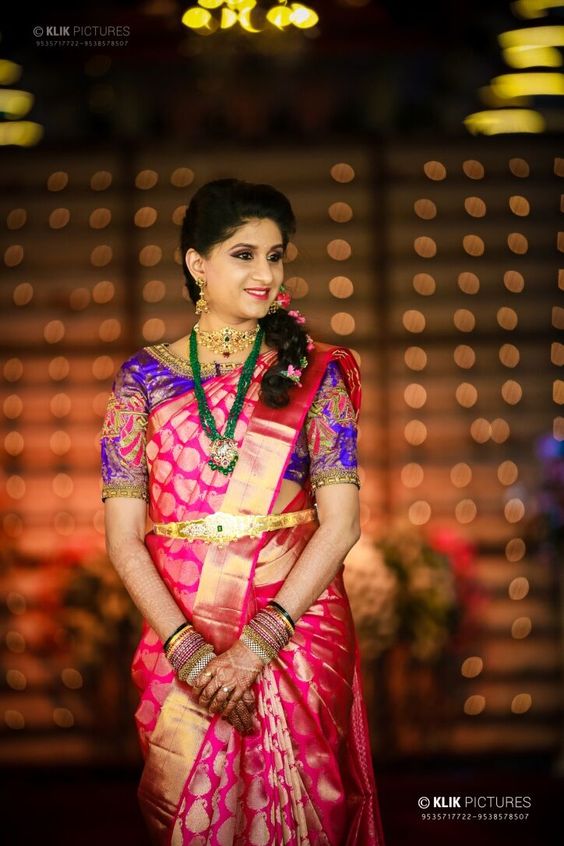 Traditional Red silksaree with blue blouse 