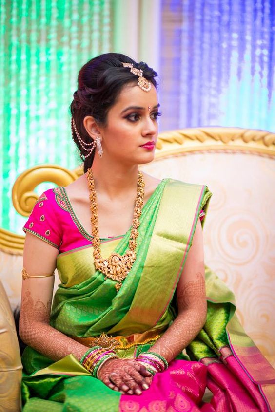 Pink Blouse for Green Kancipuram Saree