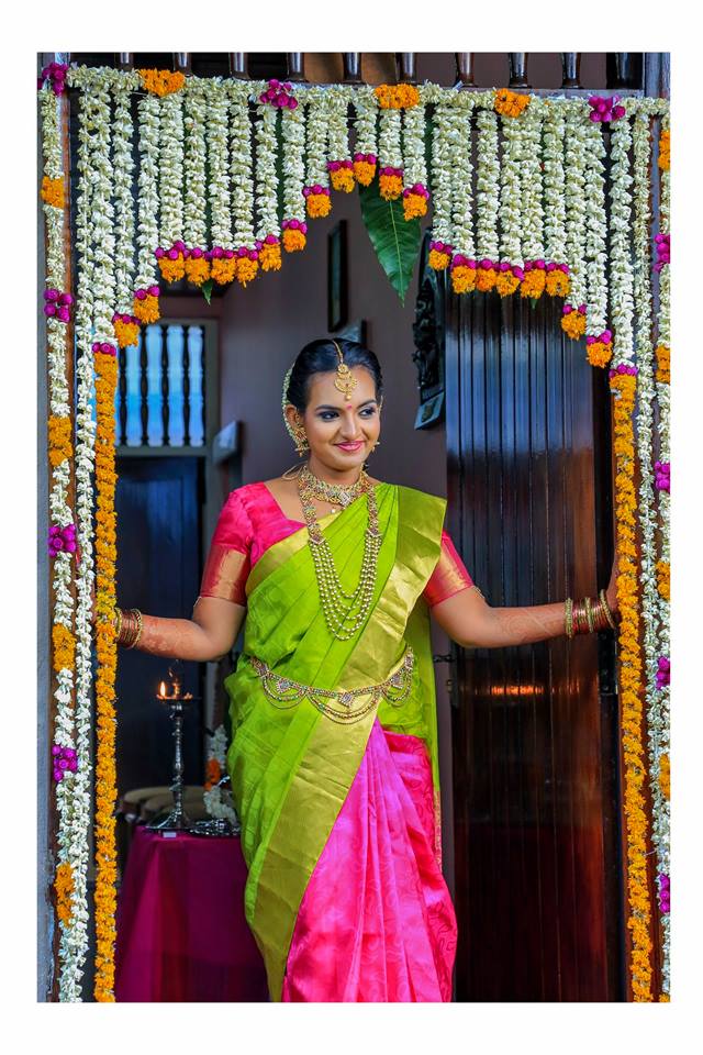 Parrot green with pink half and half silksaree