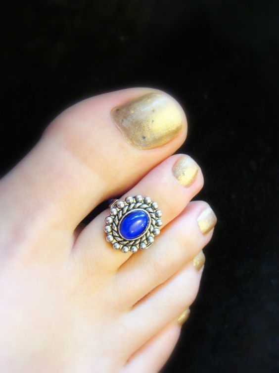 Cobalt Blue - Silver Metal - Stretch Bead Toe Ring