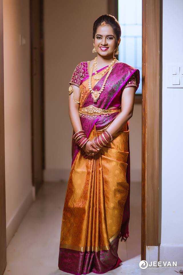 Stunning Yellow with violet border silk saree