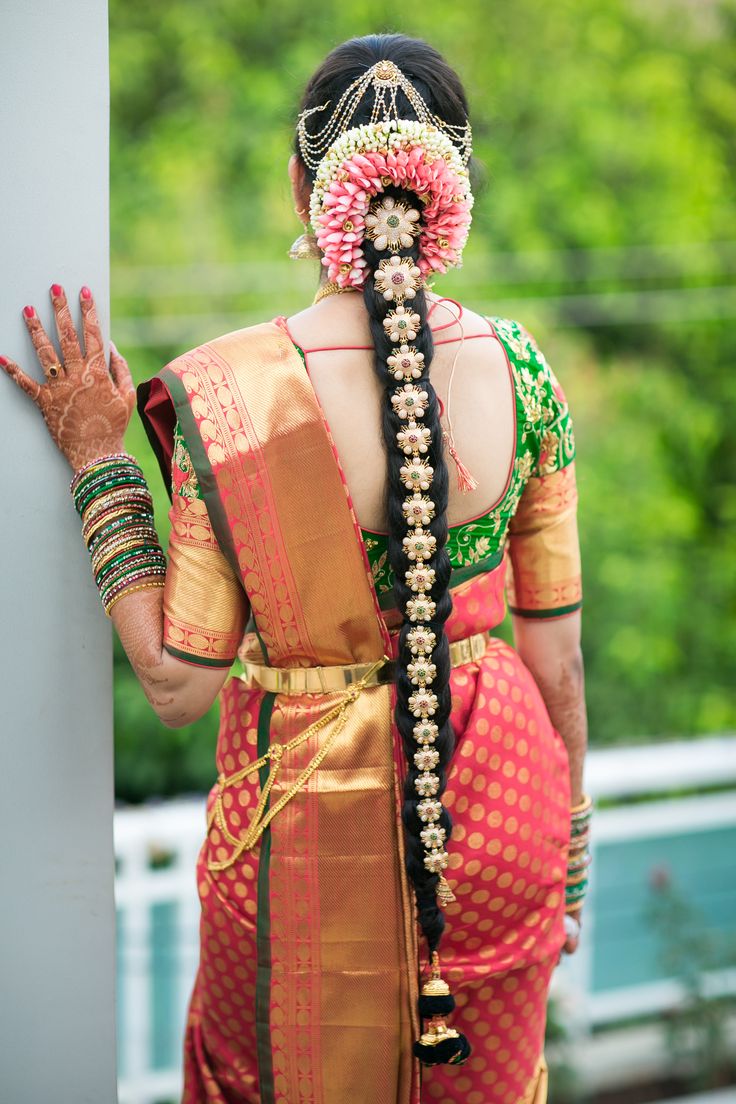 Pink Green Saree with flower dollar Poo Jadai