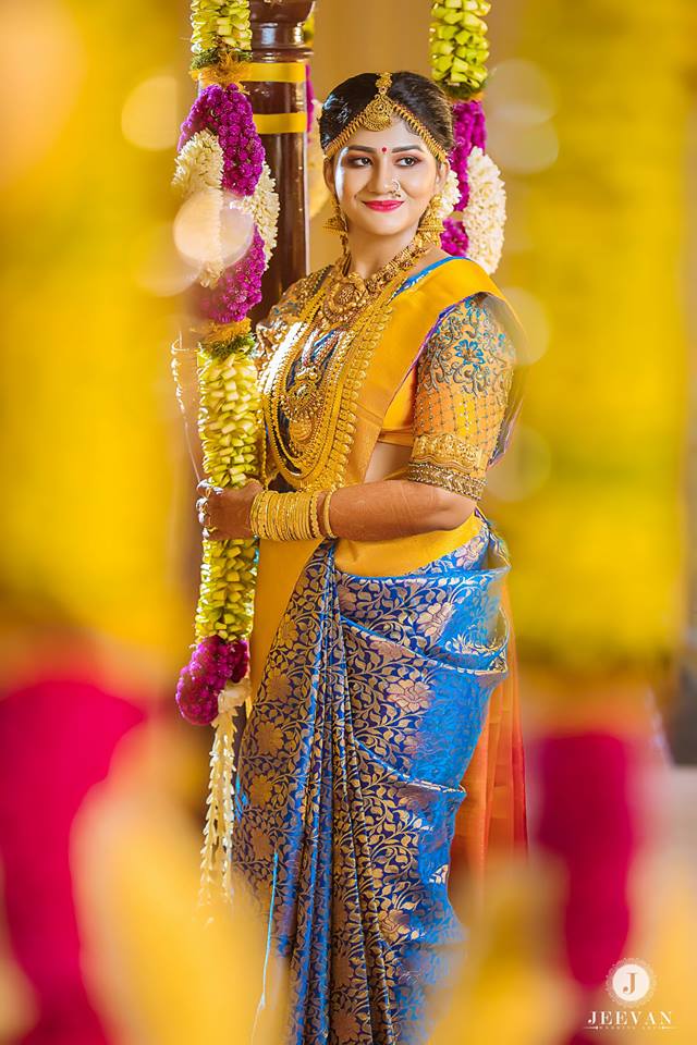 Blue silksaree with Yellow Border