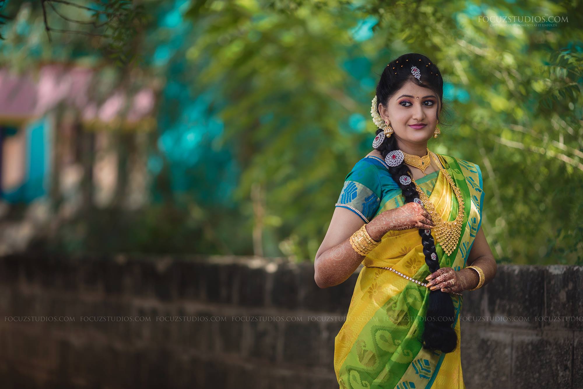 Yellow Blue and Green Silk Saree