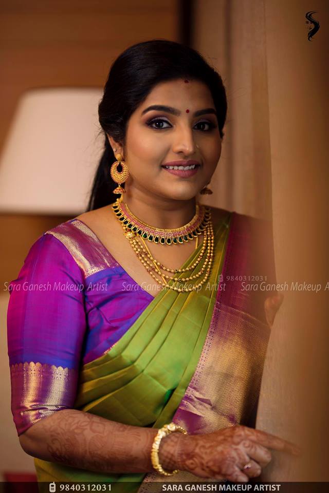 Green with Purple border silksaree 