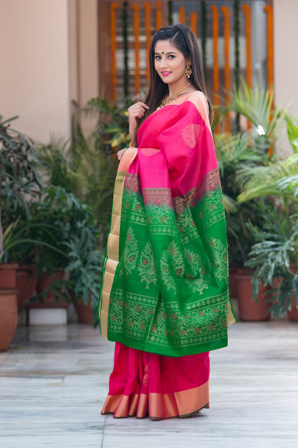 Green And Pink Pure Kanjivaram Soft Silk Handloom With Pure Zari