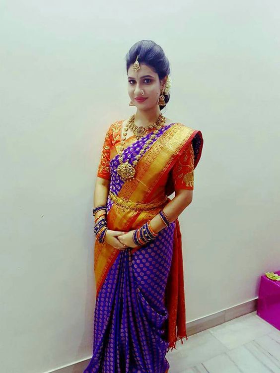 Violet saree with orange blouse