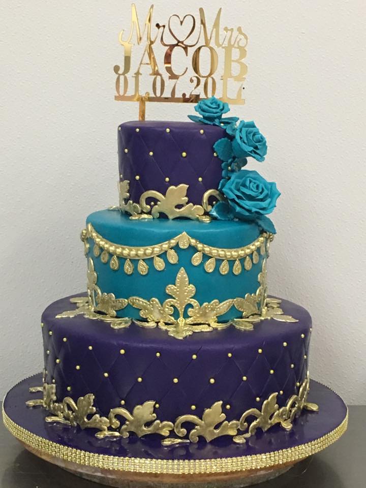 Blue with Royal Blue and Gold Floweral Cake