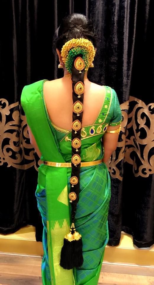 Gorgeous Green saree with thilagam dollar Poo Jadai