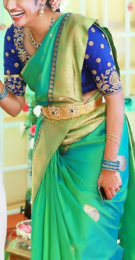 Blue silk saree with royal blue blouse