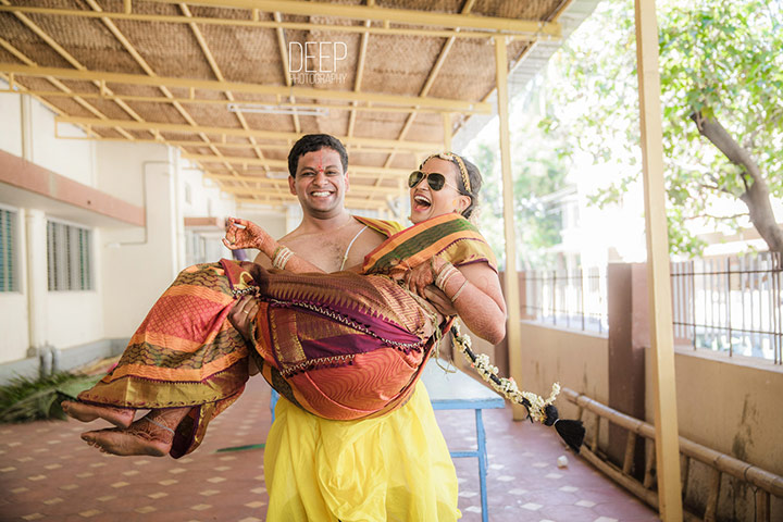 Smile when groom lifts the bride