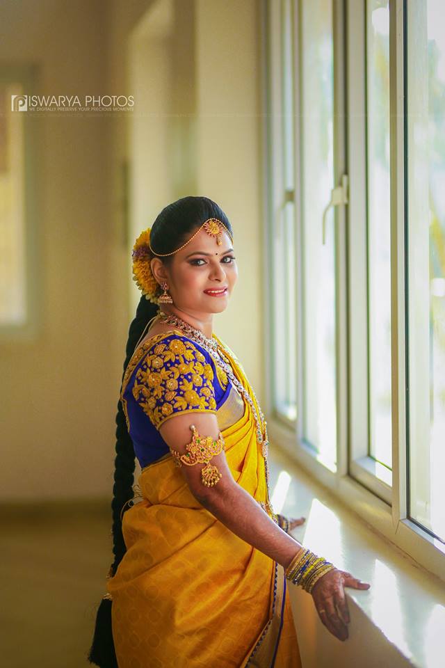 Royal blue blouse  with yellow flower work 