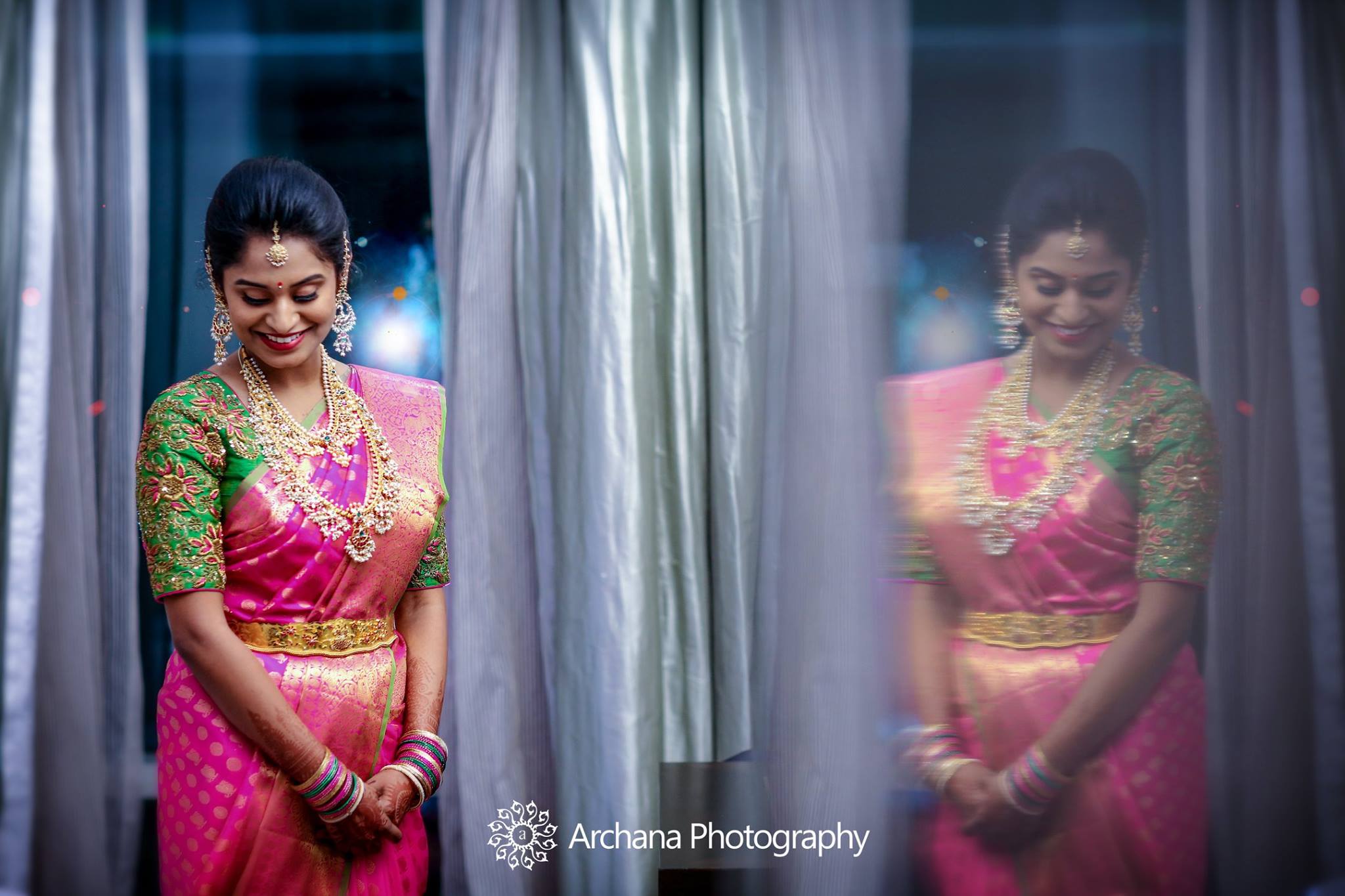 Pink silksaree with Green Blouse