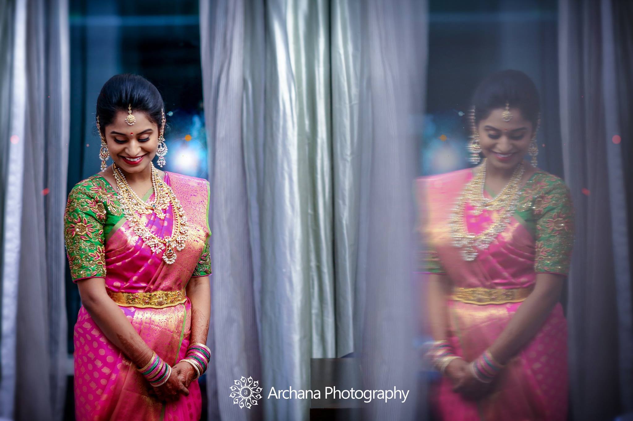 Pink silksaree with Green Blouse