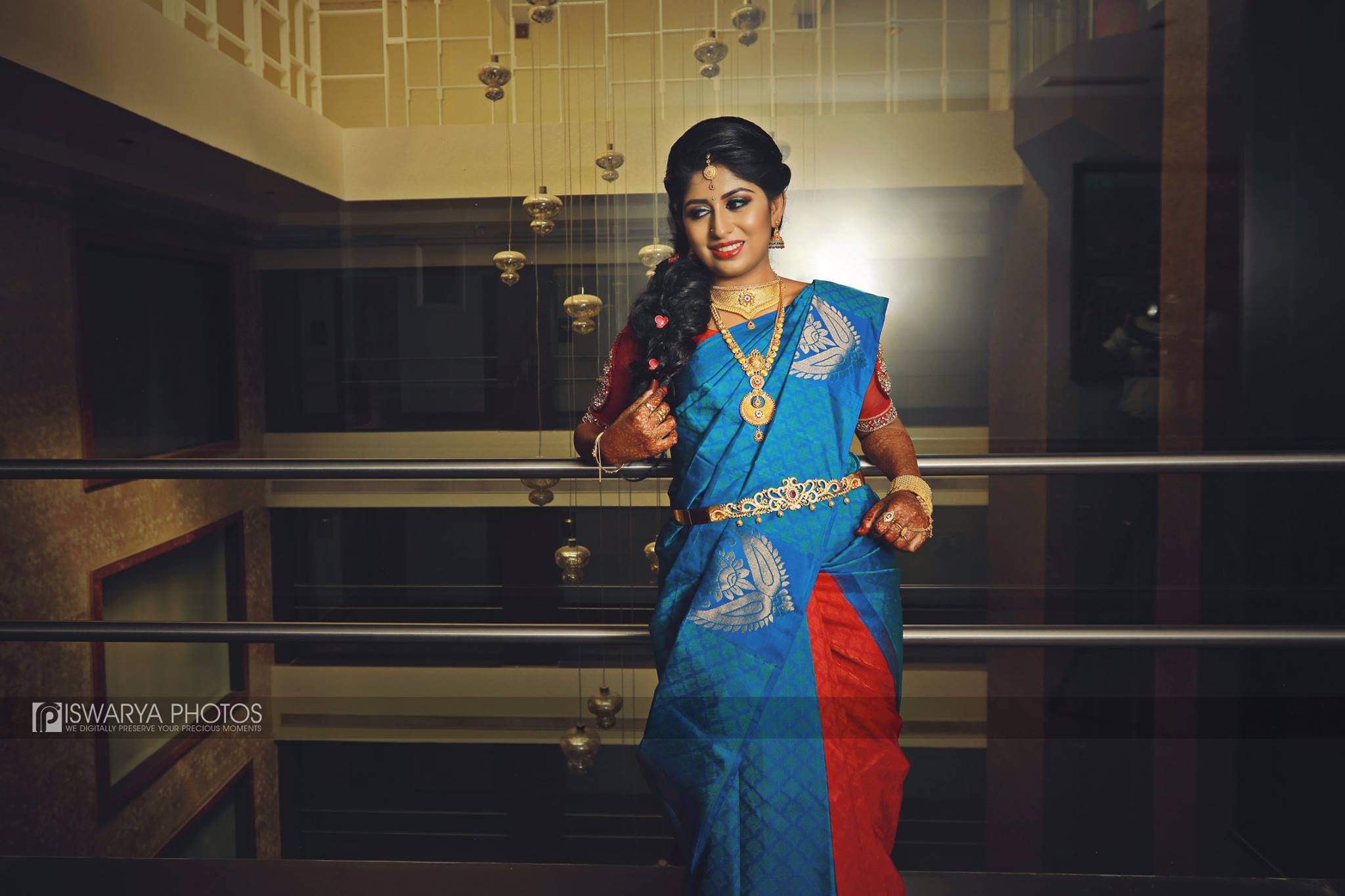Blue with Red half and half saree
