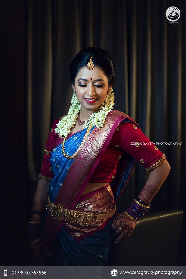 Blue silk saree with Pink Mango border