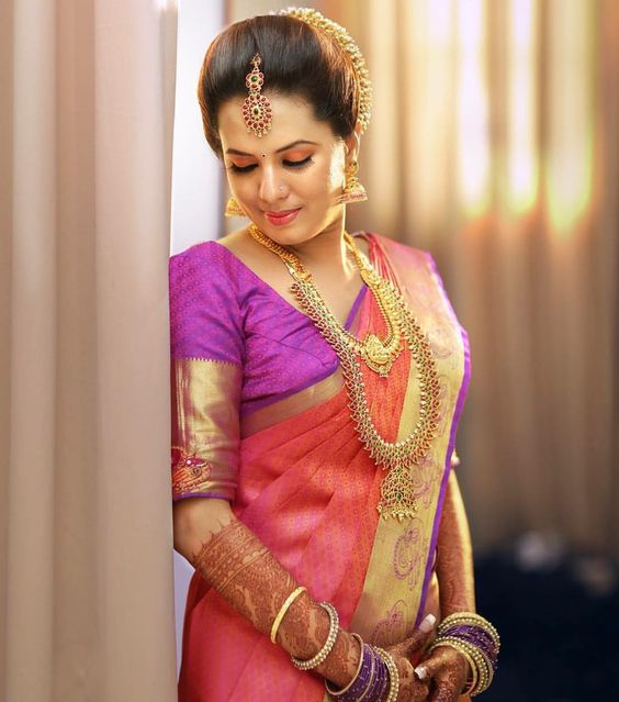 Pink Saree with Violet Blouse