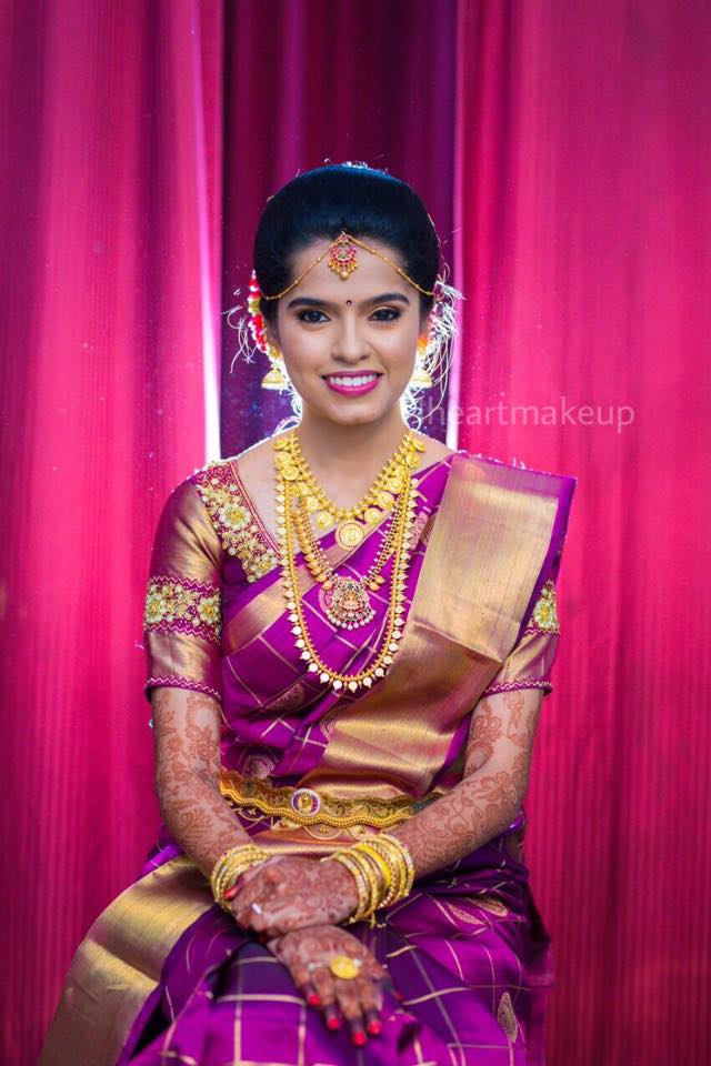 Violet Silksaree with Golden Checked Lines