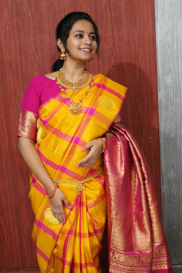 yellow  with pink handloom saree