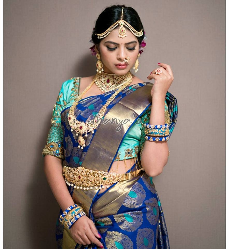 Aqua blue with royal blue silksaree