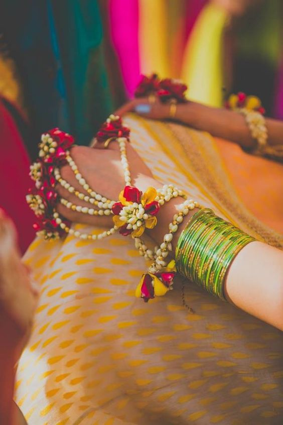 White yellow with pink flower hand jewelry