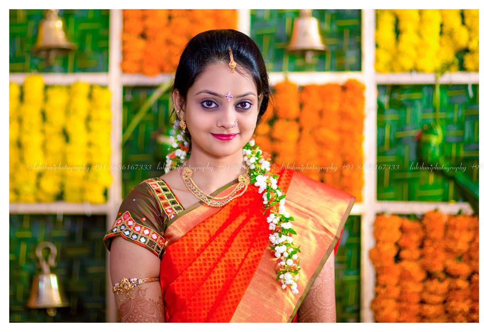 Green with red bridal mirror work blouse 