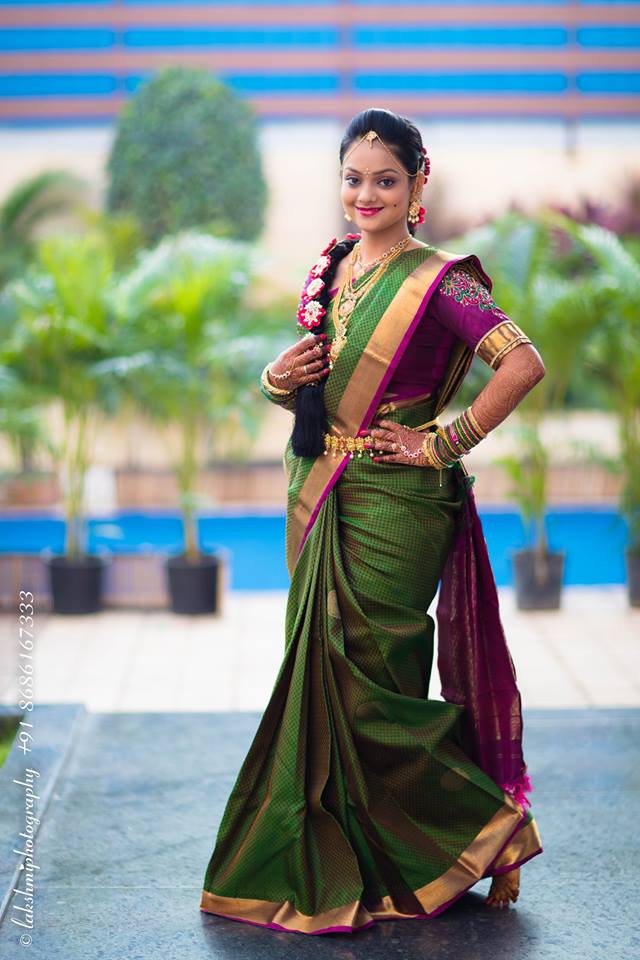 Dark green with dark violet border silksaree