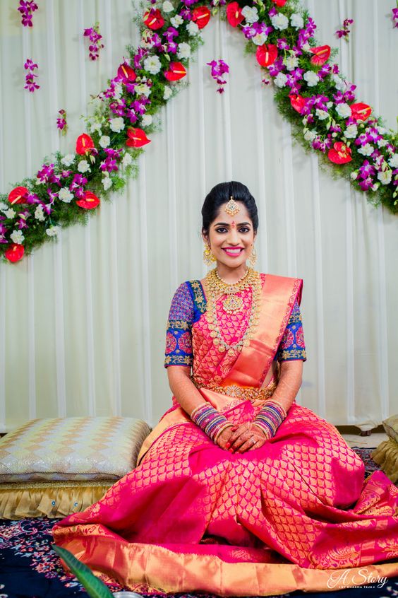 Pink Saree with Royal Blue Blouse