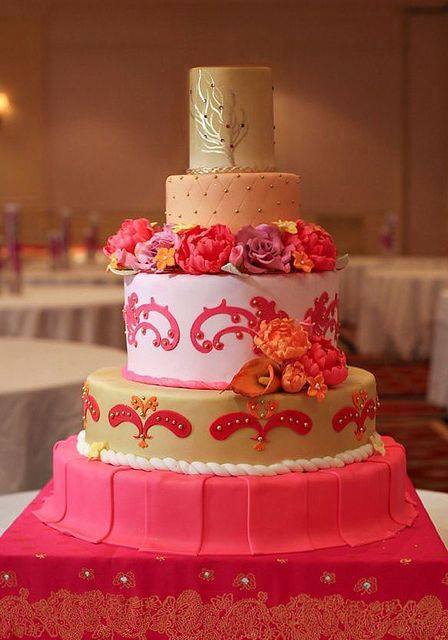 Five tier pink flower wedding cake