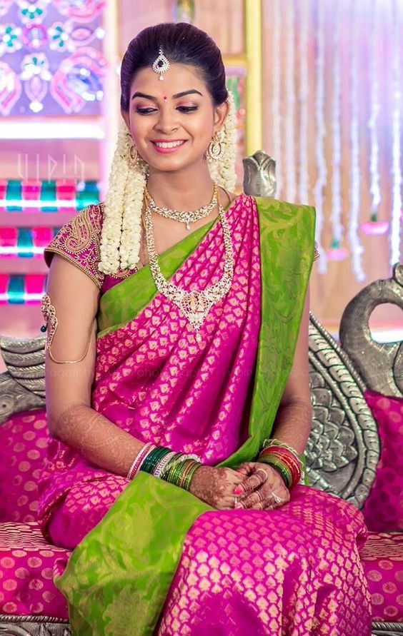 Pink Saree with green blouse