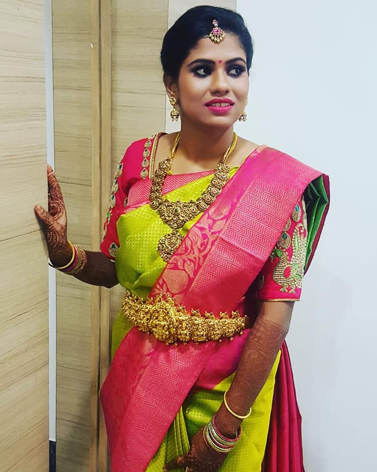 Lemon green with pink border silksaree