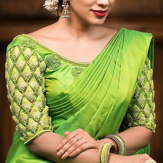 Green Silksaree Blouse with half sleeves 