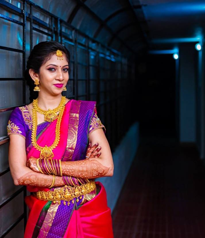 Pink silksaree with purple border 