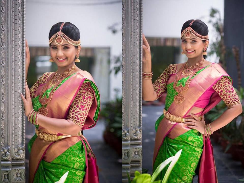 Gorgeous  Green with Pink Cut work Blouse