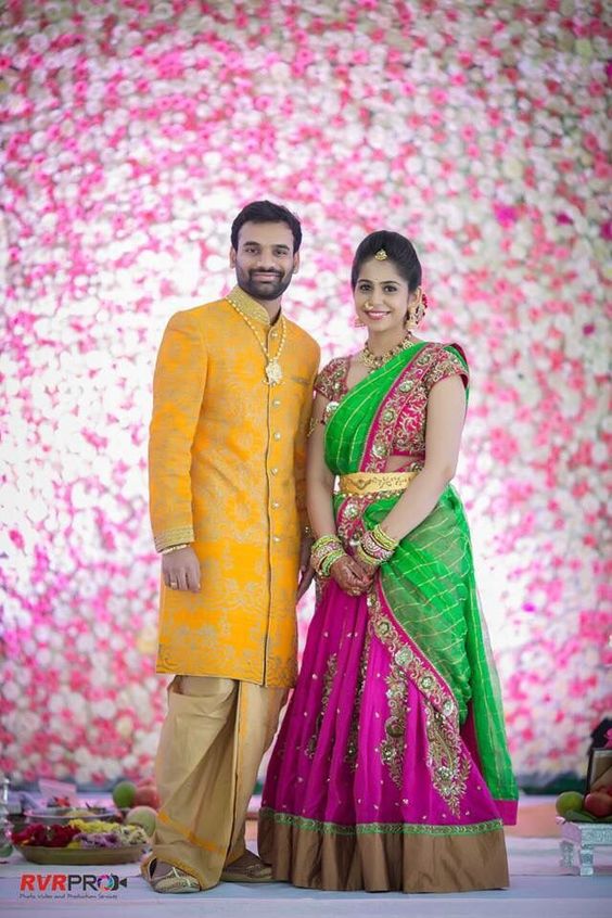 Green with pink heavy work bridal half saree