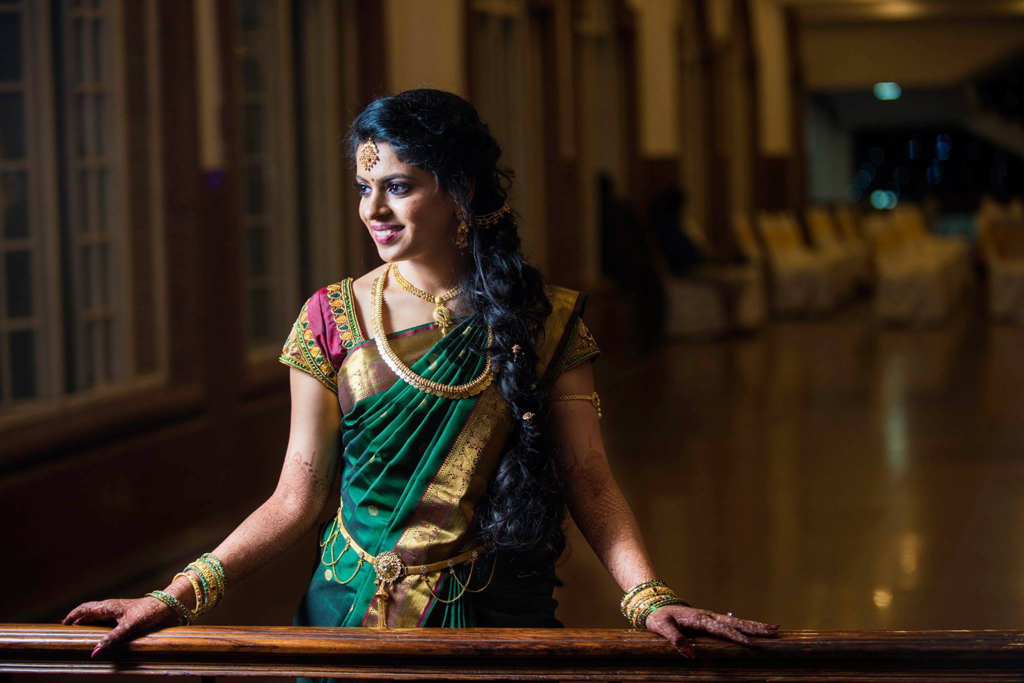 Reception Hairstyle for Green saree bride