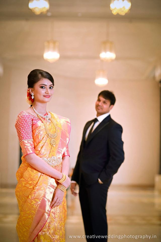 yellow with pink silk saree and stone work blouse