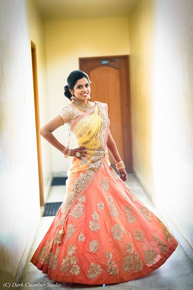 Yellow with Pink Half saree lehnga