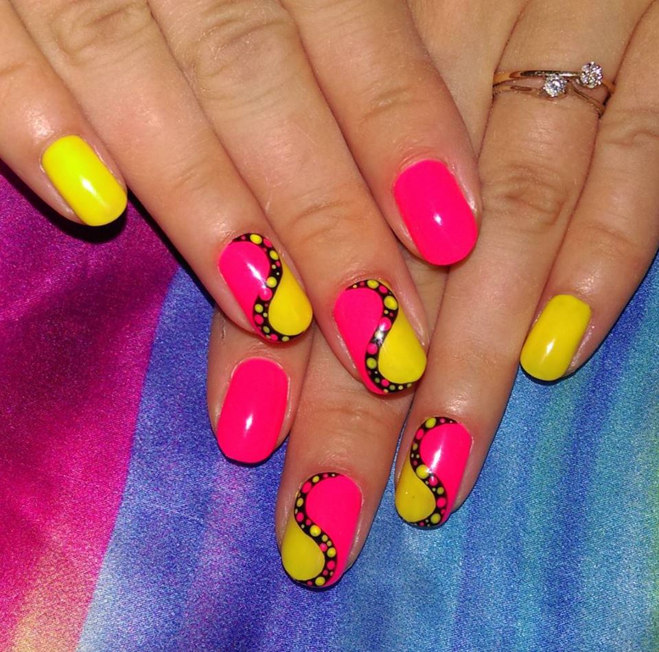 Yellow with pink nail art 