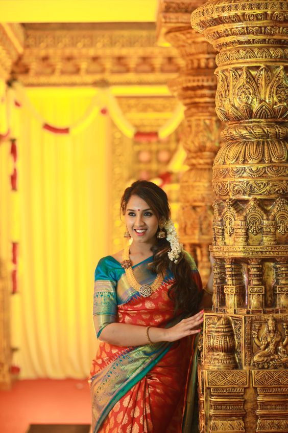 Red Silk saree with Blue Border 