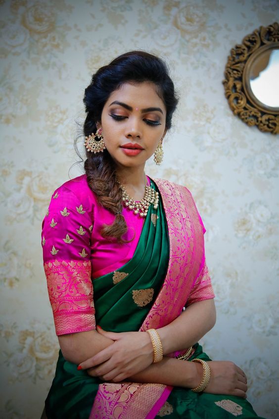 Dark green silksaree with traditional pink blouse 