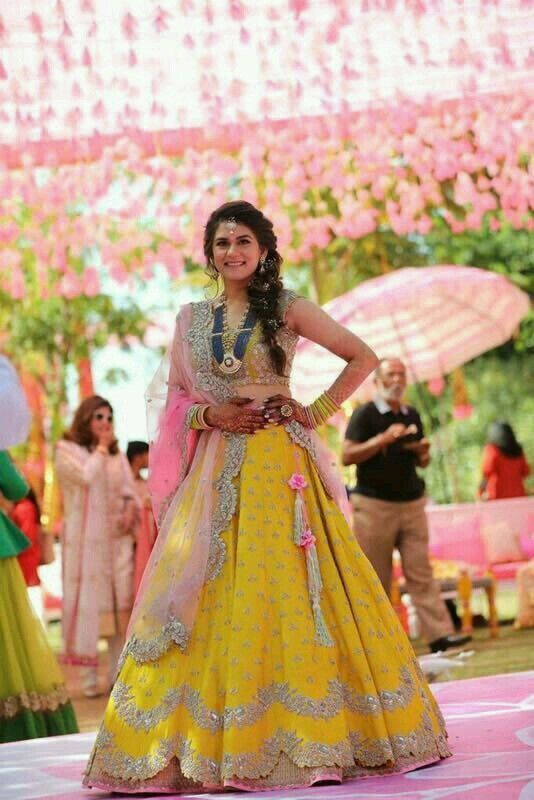 Yellow Lehenga with pink Dupatta