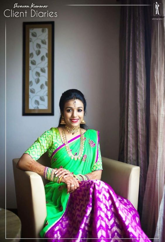 Green with violet Half Saree