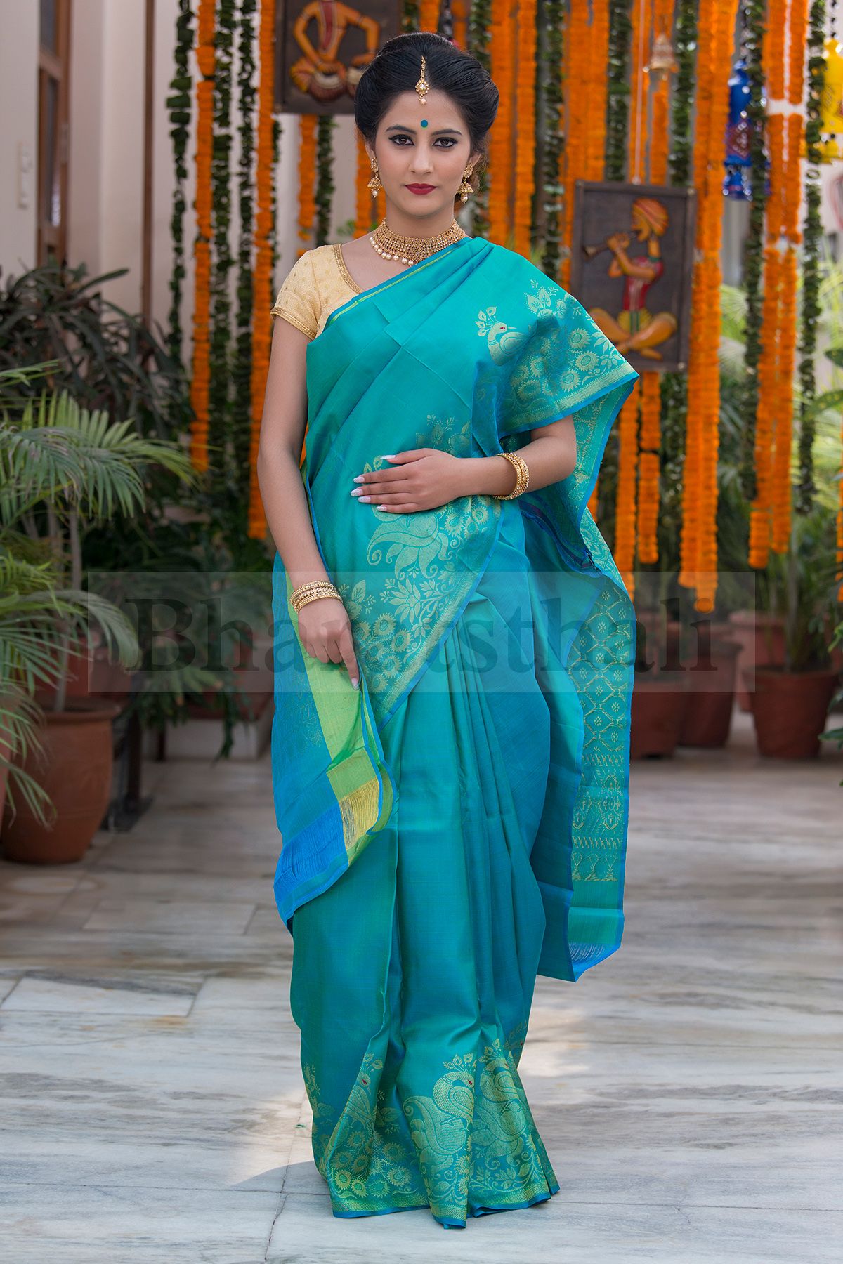 Teal Blue Pure Kanchipuram Soft Silk Saree