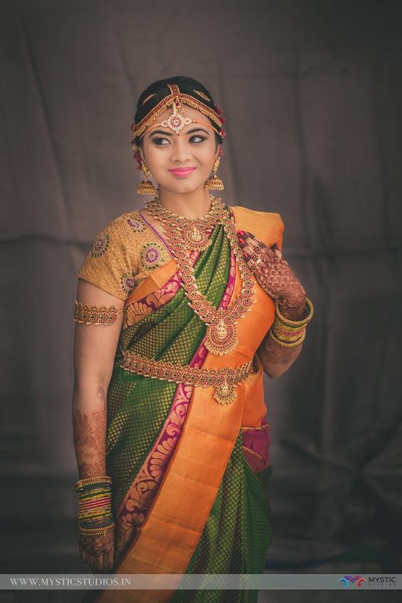 Green with orange border bride