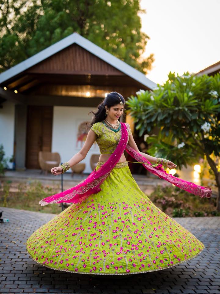 Green with pink floral lehnga