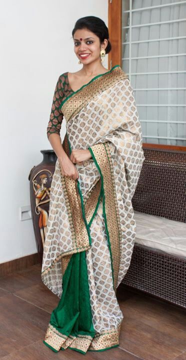 Half white with Green Designer saree