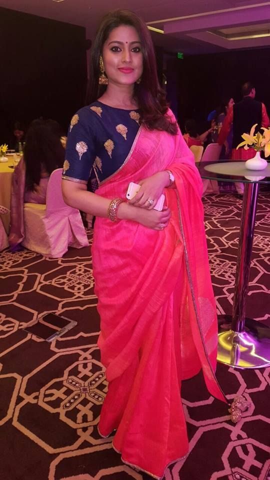 Plain Pink Saree with Royal Blue Blouse